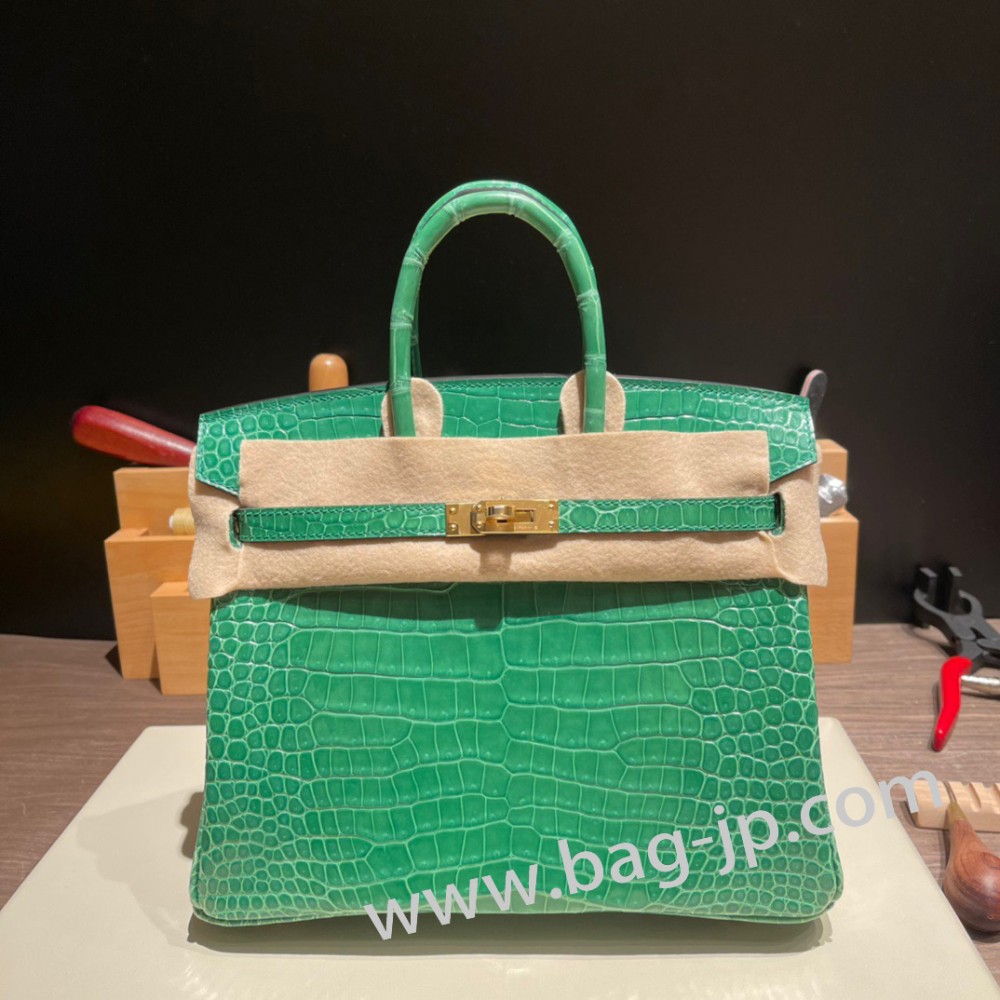 エルメスバーキン 25センチポロサスマットporous Crocodile 1L/Cactus カクタスゴールド金具  全手縫いbirkin25-003