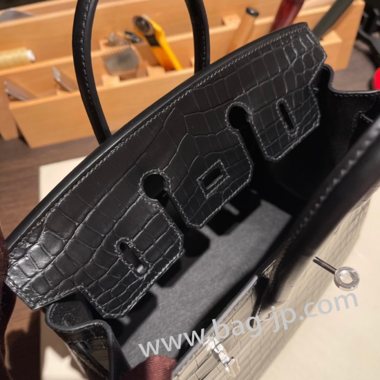 エルメスバーキン 25センチニロティカス Crocodile Niloticus89 /Black (Noir)ブラックシルバー金具 全手縫いbirkin25-005