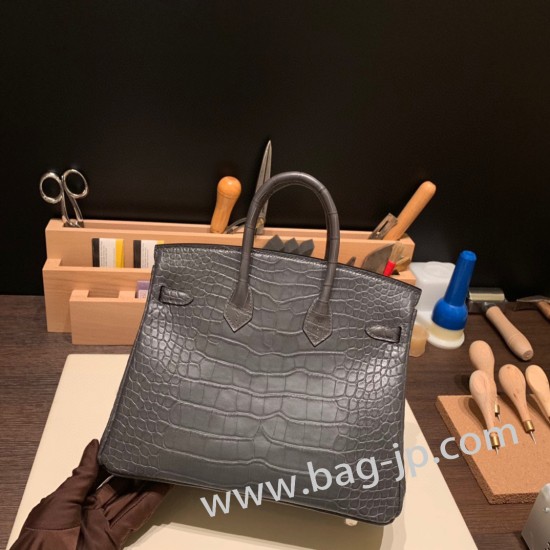 エルメスバーキン 25センチMatte アリゲーターマット Alligator Crocodile 88/Graphite  グラファイトシルバー金具 全手縫いbirkin25-013