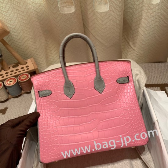 エルメスバーキン 25センチアリゲーターマット Alligator Crocodile 5P/Pink & 80/Pearl GreyピンクX パールグレーゴールド金具  全手縫いbirkin25-014