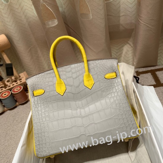 エルメスバーキン 25センチアリゲーターマット Alligator Crocodile 80パールグレー/ ミモザ( M9 mimosa)ゴールド金具  全手縫いbirkin25-015