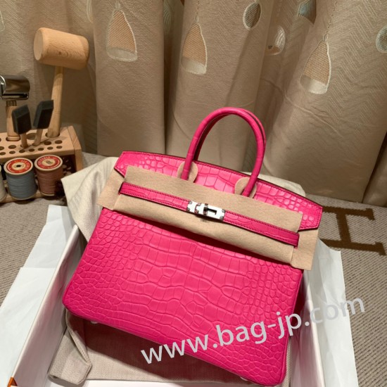 エルメスバーキン 25センチアリゲーターマット Alligator Crocodile 5R/Rose Shocking  ローズショッキングシルバー金具 全手縫いbirkin25-016