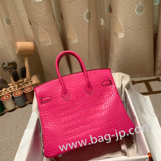 エルメスバーキン 25センチアリゲーターマット Alligator Crocodile 5R/Rose Shocking  ローズショッキングシルバー金具 全手縫いbirkin25-016