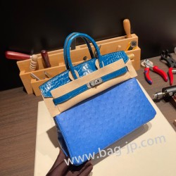 エルメスバーキン 25センチアリゲーターマット Alligator Crocodile touch Bleu Hydra& Bleu Izmir ブルーイドラ(T7)/ブルーイズミール(7W)シルバー金具 全手縫いbirkin25-017