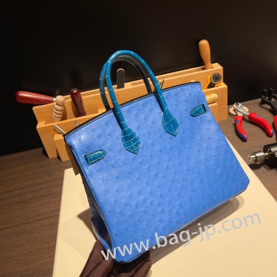 エルメスバーキン 25センチアリゲーターマット Alligator Crocodile touch Bleu Hydra& Bleu Izmir ブルーイドラ(T7)/ブルーイズミール(7W)シルバー金具 全手縫いbirkin25-017