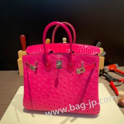 エルメスバーキン 25センチオーストリッチ Ostrich& Crocodile 8T Rose Candy  ローズキャンディ/ 5J Fuschiaフューシャピンクシルバー金具 全手縫いbirkin25-018