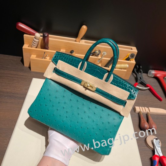 エルメスバーキン 25センチオーストリッチ Ostrich Z6/MalachiteマラカイトX 6Q Vert Emeraudeゴールド金具  全手縫いbirkin25-019