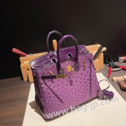 エルメスバーキン 25センチオーストリッチ Ostrich &Crocodile Anemone アネモネx カシスN5ゴールド金具  全手縫いbirkin25-020