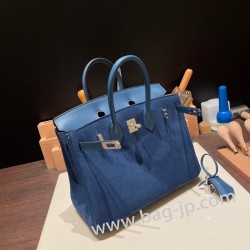 エルメスバーキン 25センチChamois 08 / bleu royal  ブルーロワイヤルシルバー金具 全手縫いbirkin25-022