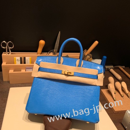 エルメスバーキン 25センチLizard リザードナチュラT7/Blue Hydra  ブルーイドラゴールド金具  全手縫いbirkin25-033