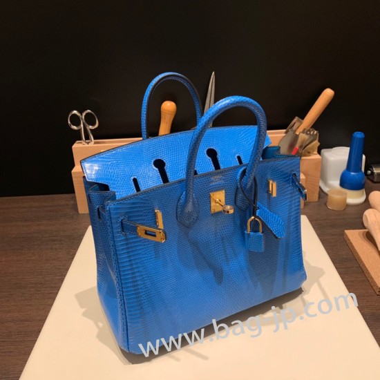 エルメスバーキン 25センチLizard リザードナチュラT7/Blue Hydra  ブルーイドラゴールド金具  全手縫いbirkin25-033