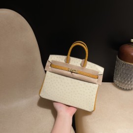 3C /Parchemin  パルシュマン & 22 /Saffron  サフラン珍しいカラーブロック 25cm Birkin｜柔らかい素材・平滑表面・優れた通気性・高い耐磨耗性！エルメスバーキンオーストリッチ 25センチ ゴールド金具  