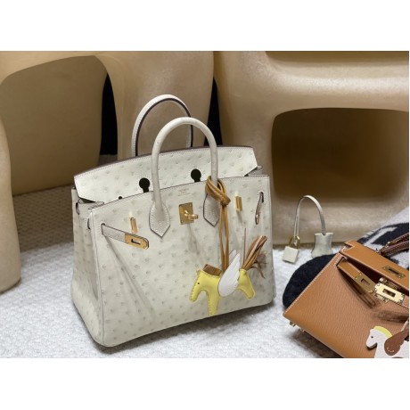 エルメスバーキンオーストリッチ 25センチ 高級カスタムメイド Birkin 25cm 南アフリカ KKオーストリッチ  パルシュマン｜オーストリッチ白系最高の美しさと品格を持つ色調！ゴールド金具