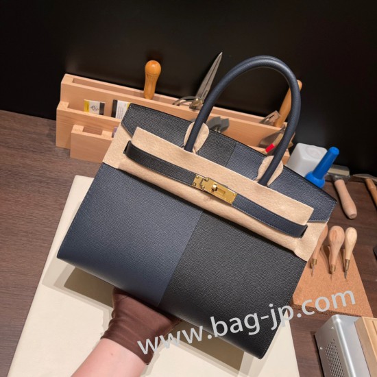 エルメスバーキン 30センチCasaque ブラックxブルーフリーダxブルーインディゴゴールド金具 birkin30-023 全手縫い