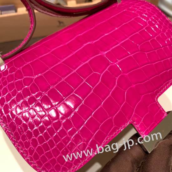 エルメス コンスタンス  ミニ Shiny Alligator Crocodile ローズシェヘラザード J5 /Rose Scheherazade シルバー金具   constance19-005 全手縫い