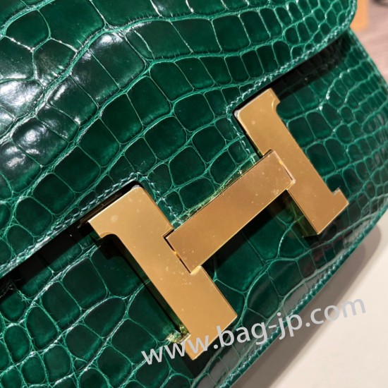 エルメス コンスタンスヴェルソ 24cm  Shiny Alligator Crocodile  トフィ 67 /Vert Fonce ゴールド金具  constance24-005 全手縫い