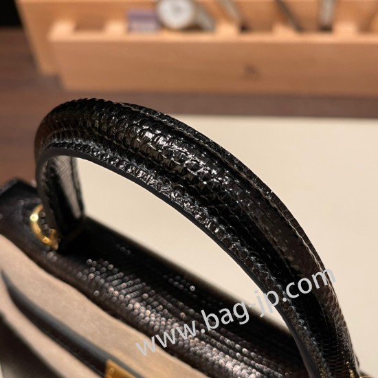 エルメス ケリー25cm  外縫い Lizard  ブラック 89 /Black (Noir) ゴールド金具  kelly25-006 全手縫い