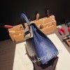 エルメス ケリー25cm  外縫い Ostrich ブルーサフィール73/ Blue Saphir ゴールド金具  kelly25-008 全手縫い