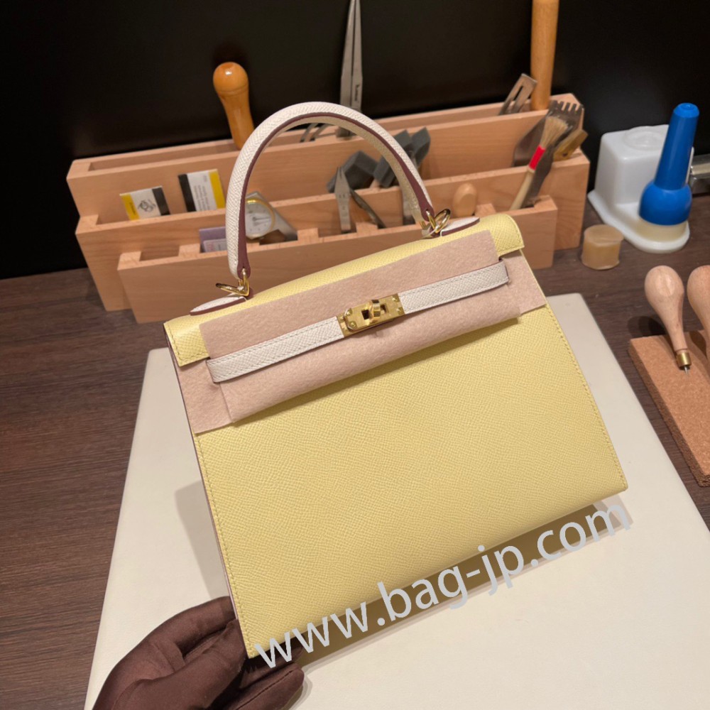 ジョーヌプッサン1Z/ Jaune Poussin & クレ10 /Craie  ゴールド金具  kelly25-097 全手縫い エルメス ケリー25cm 外縫い ヴォーエプソン Epsom