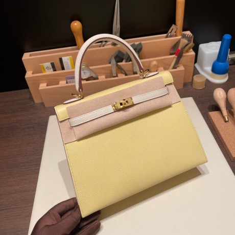 ジョーヌプッサン1Z/ Jaune Poussin & クレ10 /Craie  ゴールド金具  kelly25-097 全手縫い エルメス ケリー25cm 外縫い ヴォーエプソン Epsom