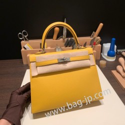 エルメス ケリー25cm 外縫い ヴォーエプソン Epsom  ジョーヌアンブル 9D /Jaune Ambre  シルバー金具  kelly25-110 全手縫い