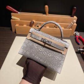 エルメスケリーミニ Kelly bag miniMini Kelly New stock  リザードナチュラ オンブレ 1B/Ombre シルバー金具 kellymini-002 全手縫い