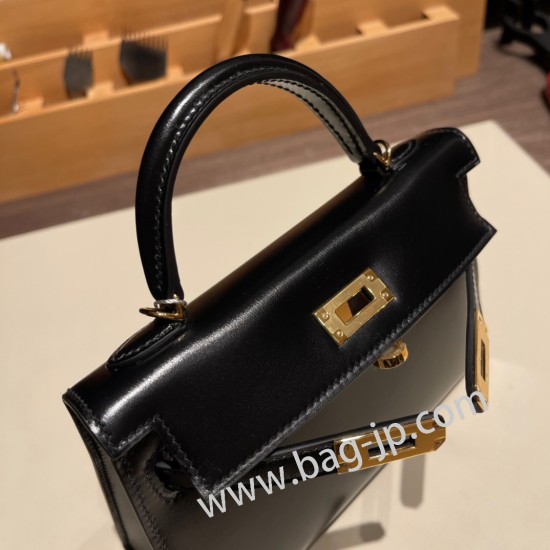 エルメスケリーミニ Kelly bag miniMini Kelly New stock  box  ボックスカーフ ブラック 89/ Black ゴールド金具   kellymini-009 全手縫い