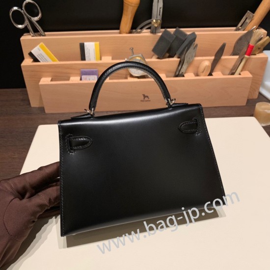 エルメスケリーミニ Kelly bag miniMini Kelly New stock  box  ボックスカーフ ブラック 89/ Black (Noir) シルバー金具 kellymini-011 全手縫い