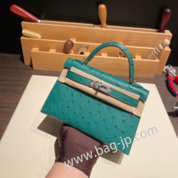 エルメスケリーミニ Kelly bag miniMini Kelly New stock  オーストリッチ ostrich ヴェールヴェルティゴ U4 /Vert Vertigo シルバー金具 kellymini-013 全手縫い