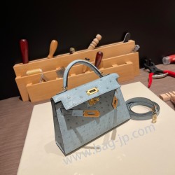 エルメスケリーミニ Kelly bag miniMini Kelly New stock  オーストリッチ ostrich ブルーラン J7 /Blue Lin   ゴールド金具   kellymini-019 全手縫い