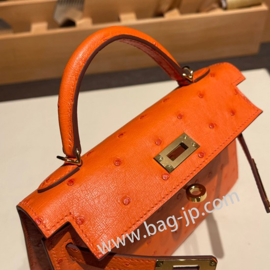 エルメスケリーミニ Kelly bag miniMini Kelly New stock  オーストリッチ ostrich オレンジ 93 /Orange ゴールド金具 kellymini-025 全手縫い