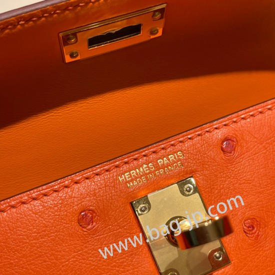 エルメスケリーミニ Kelly bag miniMini Kelly New stock  オーストリッチ ostrich オレンジ 93 /Orange ゴールド金具 kellymini-025 全手縫い