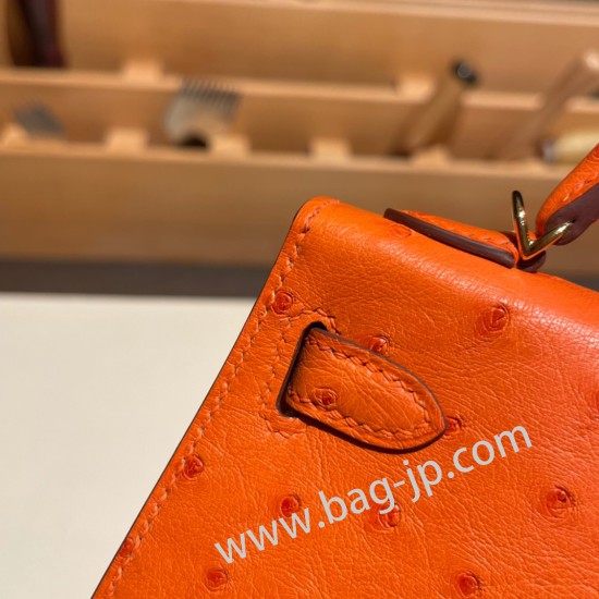 エルメスケリーミニ Kelly bag miniMini Kelly New stock  オーストリッチ ostrich オレンジ 93 /Orange ゴールド金具 kellymini-025 全手縫い