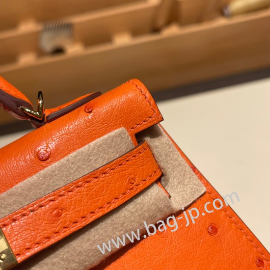 エルメスケリーミニ Kelly bag miniMini Kelly New stock  オーストリッチ ostrich オレンジ 93 /Orange ゴールド金具 kellymini-025 全手縫い