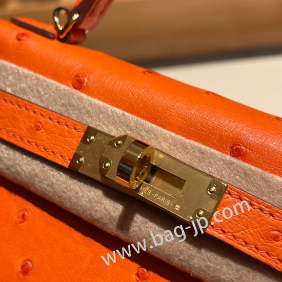 エルメスケリーミニ Kelly bag miniMini Kelly New stock  オーストリッチ ostrich オレンジ 93 /Orange ゴールド金具 kellymini-025 全手縫い