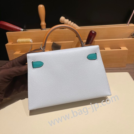 エルメスケリーミニ Kelly bag miniMini Kelly New stock  ヴォーエプソン Epsom アズール 7R/ Azur & ヴェールジェイド O6/Vert Jade & ゴールド 37 /Gold シルバー金具 kellymini-066 全手縫い