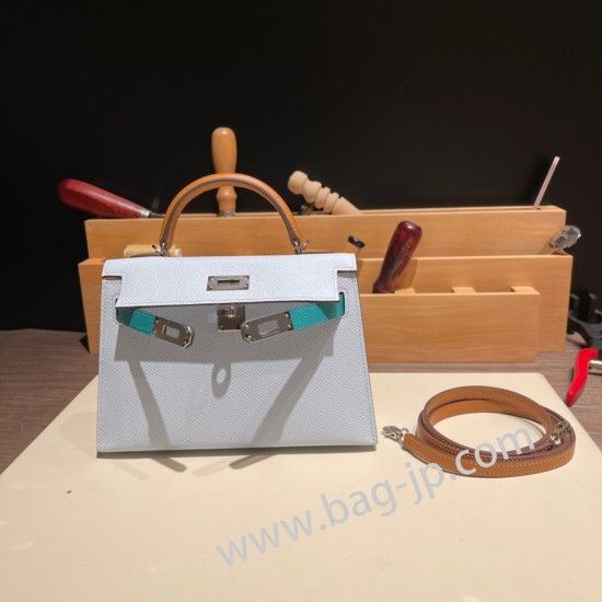 エルメスケリーミニ Kelly bag miniMini Kelly New stock  ヴォーエプソン Epsom アズール 7R/ Azur & ヴェールジェイド O6/Vert Jade & ゴールド 37 /Gold シルバー金具 kellymini-066 全手縫い