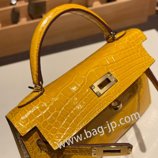 エルメスケリーミニ Kelly bag miniMini Kelly New stock  Alligateor Crocodile ジョーヌアンブル 9D /Jaune Ambre ゴールド金具 kellymini-099 全手縫い