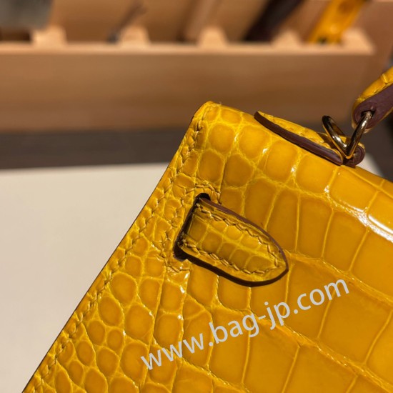 エルメスケリーミニ Kelly bag miniMini Kelly New stock  Alligateor Crocodile ジョーヌアンブル 9D /Jaune Ambre ゴールド金具 kellymini-099 全手縫い