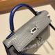 エルメスケリーミニ Kelly bag miniMini Kelly New stock  Alligateor パールグレー 80/ Pearl Grey& ブルーエレクトリック7T /Blue Electric シルバー金具 kellymini-101 全手縫い