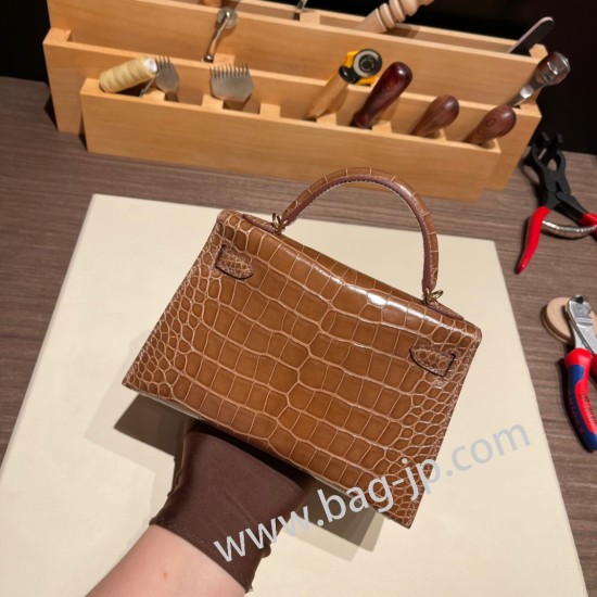 エルメスケリーミニ Kelly bag miniMini Kelly New stock  Alligateor crocodile  タバックキャメル 24/Tabac Camel ゴールド金具 kellymini-104 全手縫い