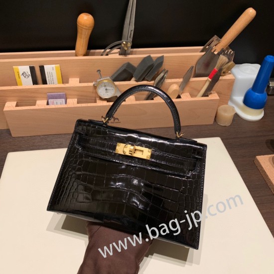 エルメスケリーミニ Kelly bag miniMini Kelly New stock  Alligateor crocodile ブラック 89 /Black (Noir) ゴールド金具 kellymini-105 全手縫い