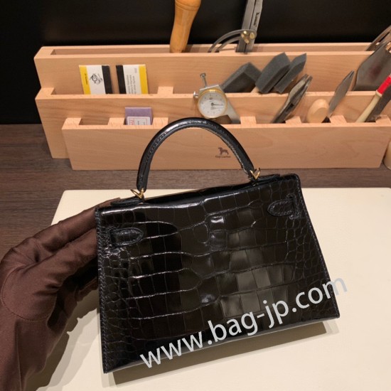 エルメスケリーミニ Kelly bag miniMini Kelly New stock  Alligateor crocodile ブラック 89 /Black (Noir) ゴールド金具 kellymini-105 全手縫い