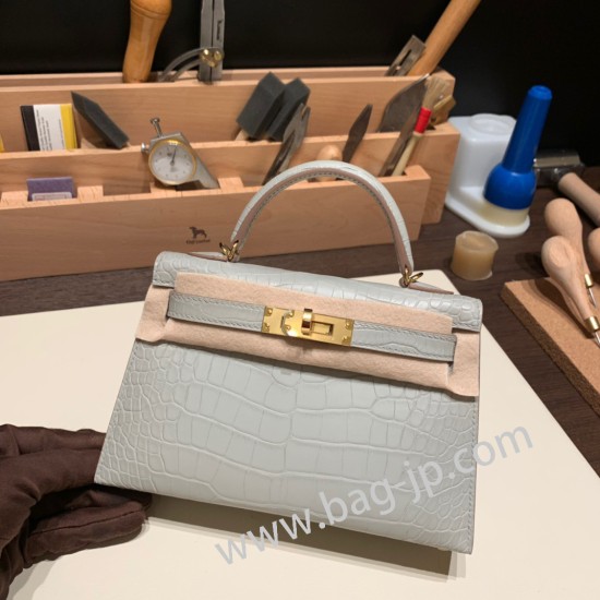 エルメスケリーミニ Kelly bag miniMini Kelly New stock  Alligateor crocodile パールグレー 80 /Pearl Grey ゴールド金具 kellymini-108 全手縫い