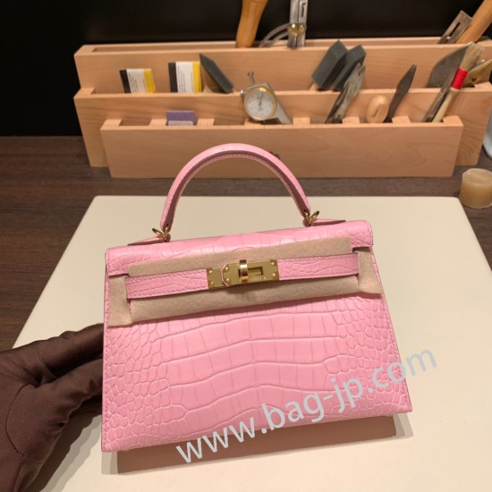 エルメスケリーミニ Kelly bag miniMini Kelly New stock  Alligateor crocodile  ピンク 5P /Pink ゴールド金具 kellymini-109 全手縫い