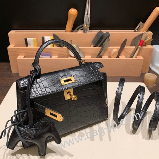 エルメスケリーミニ Kelly bag miniMini Kelly New stock  Alligateor crocodile  ブラック 89 /Black ゴールド金具 kellymini-110 全手縫い