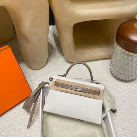  シルバー金具  01 Whiteホワイト&18/Étoupe Greyエトゥープ  ヴォーエプソン Epsom  全手縫い  エルメスケリーミニ Kelly mini 21  シルバー金具