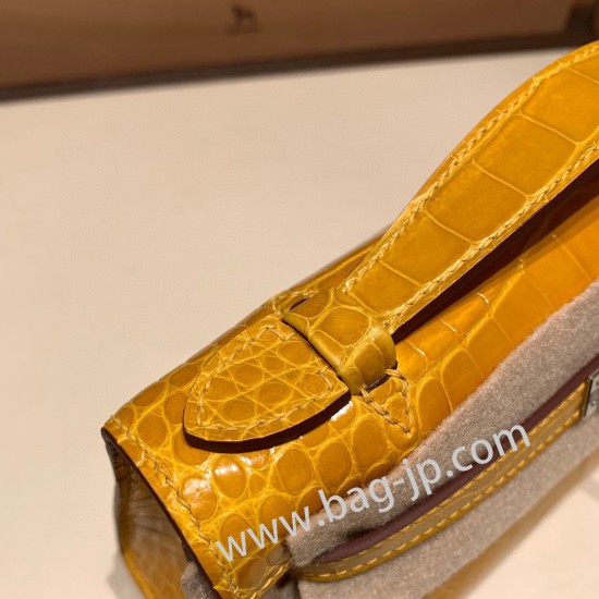 エルメス ポシェットケリー kelly pochette  Alligateor ジョーヌアンブル 9D /Jaune Ambre シルバー金具 Pochette--002 全手縫い