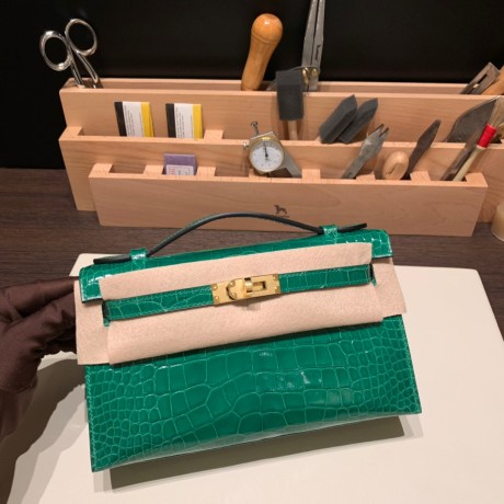 6Q/ Vert Emeraude ゴールド金具 Pochette--005 全手縫いエルメス ポシェットケリー kelly pochette  Crocodile Alligator 