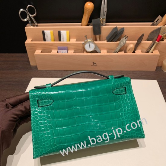 エルメス ポシェットケリー kelly pochette  Crocodile Alligator 6Q/ Vert Emeraude ゴールド金具 Pochette--005 全手縫い